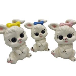 Set of 3 - Vintage Marlene Ceramic White Bunnies Rabbits Figurine 5.5" Big Eyes